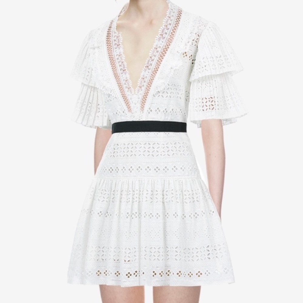 SELF PORTRAIT BRODERIE ANGLAISE STRIPE WHITE DRESS